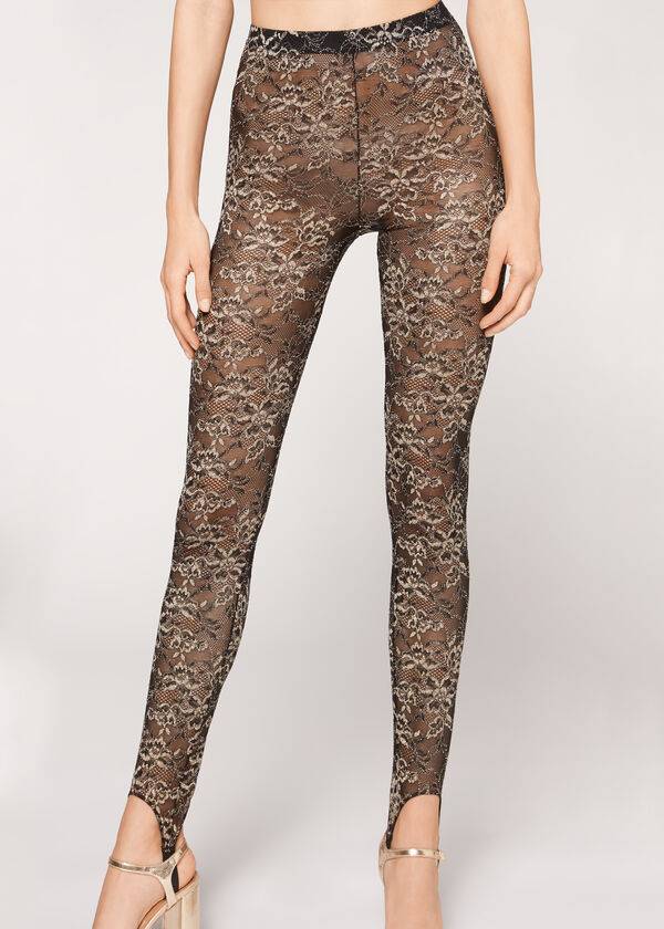 brauneschwarze calzedonia glitzer-spitzen-stegleggings für damen