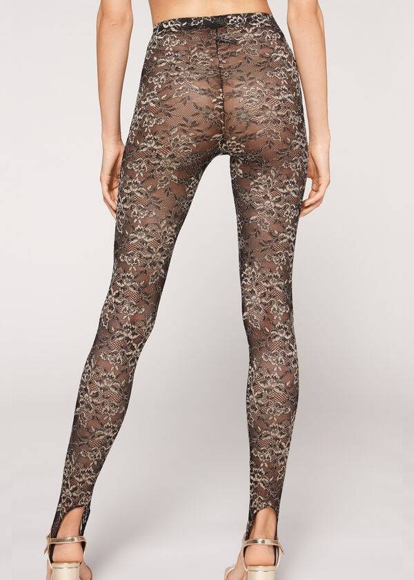 brauneschwarze calzedonia glitzer-spitzen-stegleggings für damen