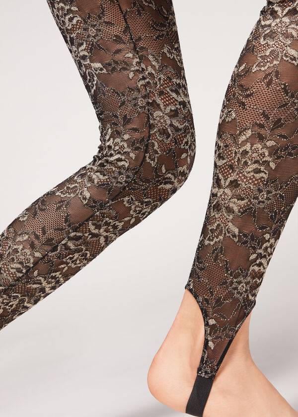 brauneschwarze calzedonia glitzer-spitzen-stegleggings für damen