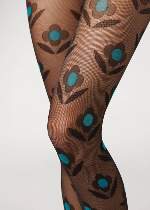 calzedonia macro daisy micronet-strumpfhose mit muster für damen schwarzblau