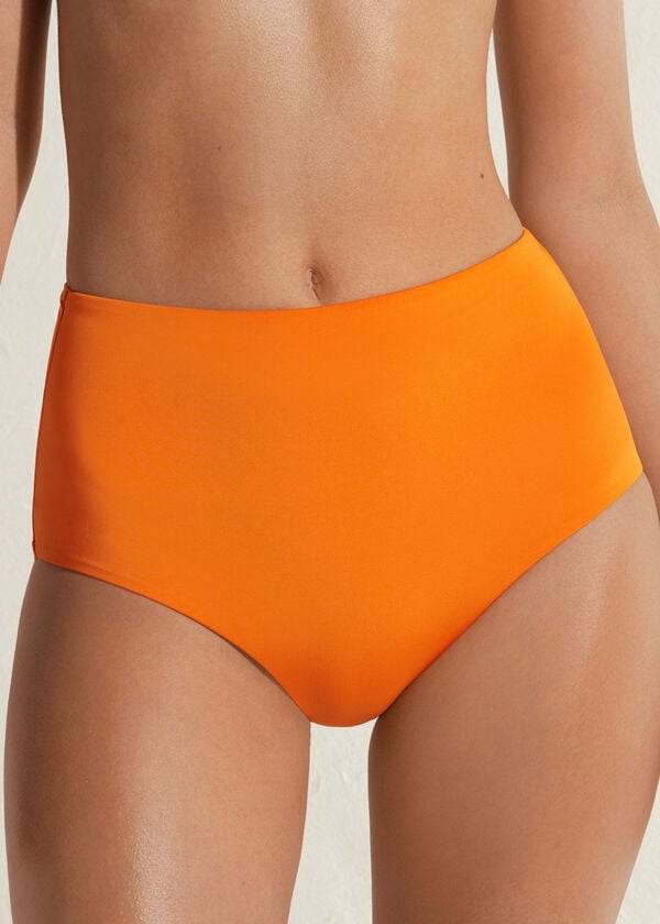 orangefarbene calzedonia bikinihose mit hohem formender bund aus indonesischem Öko-material für damen